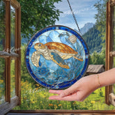 Sea Turtle Stained Glass Suncatcher, Round Ocean Window Panel with Blue Flowers and Coral, Coastal Marine Glass Art Home Decor Gift