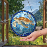 Sea Turtle Stained Glass Suncatcher, Round Ocean Window Panel with Blue Flowers and Coral, Coastal Marine Glass Art Home Decor Gift