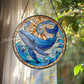Blue Whale Stained Glass Suncatcher, Round Ocean Waves and Sun Window Panel, Marine Life Nautical Glass Art Coastal Home Decor Gift