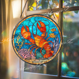 Lobster Stained Glass Suncatcher, Round Ocean Coral Reef Window Panel, Nautical Marine Life Glass Art Coastal Beach House Decor Gift