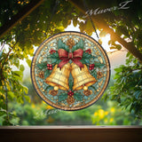 Christmas Bells Stained Glass Suncatcher, Round Holiday Window Panel with Holly, Pinecones and Red Bow, Festive Winter Home Decor Gift