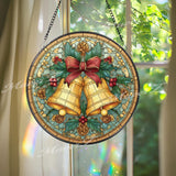 Christmas Bells Stained Glass Suncatcher, Round Holiday Window Panel with Holly, Pinecones and Red Bow, Festive Winter Home Decor Gift
