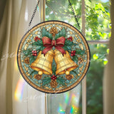 Christmas Bells Stained Glass Suncatcher, Round Holiday Window Panel with Holly, Pinecones and Red Bow, Festive Winter Home Decor Gift