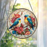 Bluebird Stained Glass Suncatcher, Round Window Panel with Colorful Birds and Flowers, Nature Inspired Glass Art Spring Home Decor Gift