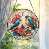 Bluebird Stained Glass Suncatcher, Round Window Panel with Colorful Birds and Flowers, Nature Inspired Glass Art Spring Home Decor Gift