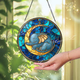Baby Elephant Stained Glass Suncatcher, Round Moon and Stars Window Panel, Nursery Room Glass Art Gift for Baby Shower or Kids Home Decor