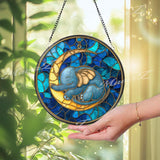 Baby Elephant Stained Glass Suncatcher, Round Moon and Stars Window Panel, Nursery Room Glass Art Gift for Baby Shower or Kids Home Decor