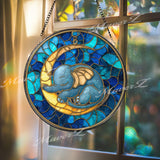Baby Elephant Stained Glass Suncatcher, Round Moon and Stars Window Panel, Nursery Room Glass Art Gift for Baby Shower or Kids Home Decor