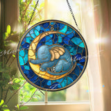 Baby Elephant Stained Glass Suncatcher, Round Moon and Stars Window Panel, Nursery Room Glass Art Gift for Baby Shower or Kids Home Decor