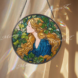 Goddess Stained Glass Suncatcher, Round Art Nouveau Woman with Golden Hair and Ivy Window Panel, Mythical Nature Glass Art Home Decor Gift
