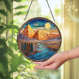 Egypt Pyramid Stained Glass Suncatcher, Round Desert Sunset Window Panel with Travelers and River, Ancient History Glass Art Home Decor Gift