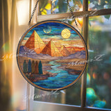 Egypt Pyramid Stained Glass Suncatcher, Round Desert Sunset Window Panel with Travelers and River, Ancient History Glass Art Home Decor Gift