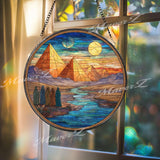 Egypt Pyramid Stained Glass Suncatcher, Round Desert Sunset Window Panel with Travelers and River, Ancient History Glass Art Home Decor Gift