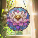 Lotus Flower Stained Glass Suncatcher, Round Pink and Purple Window Panel with Golden Center, Spiritual Zen Glass Art Meditation Home Decor