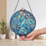 Blue Awareness Ribbon Stained Glass Suncatcher, Round Floral Window Panel with Butterfly, Support and Memorial Home Décor Gift