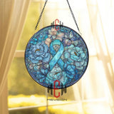 Blue Awareness Ribbon Stained Glass Suncatcher, Round Floral Window Panel with Butterfly, Support and Memorial Home Décor Gift