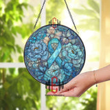 Blue Awareness Ribbon Stained Glass Suncatcher, Round Floral Window Panel with Butterfly, Support and Memorial Home Décor Gift