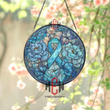 Blue Awareness Ribbon Stained Glass Suncatcher, Round Floral Window Panel with Butterfly, Support and Memorial Home Décor Gift