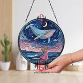 Whale and Girl Stained Glass Suncatcher, Round Ocean Moonlit Night Window Panel, Dreamy Fantasy Glass Art Home Decor Gift