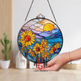 Sunflower Stained Glass Suncatcher, Round Sunset Mountain Window Panel, Bright Floral Glass Art Home Decor Gift for Nature Lovers
