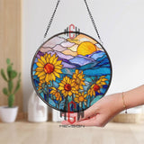 Sunflower Stained Glass Suncatcher, Round Sunset Mountain Window Panel, Bright Floral Glass Art Home Decor Gift for Nature Lovers