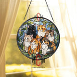 Cat Lovers Stained Glass Suncatcher, Round Window Panel with Six Colorful Cats and Green Leaves, Whimsical Pet Lover Home Decor Gift
