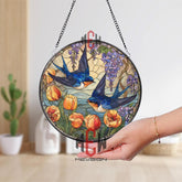 Swallow Birds Stained Glass Suncatcher, Round Window Panel with Bluebirds, Tulips and Wisteria, Nature Spring Home Decor Gift