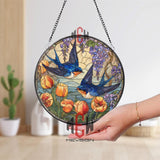 Swallow Birds Stained Glass Suncatcher, Round Window Panel with Bluebirds, Tulips and Wisteria, Nature Spring Home Decor Gift