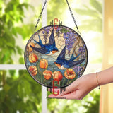 Swallow Birds Stained Glass Suncatcher, Round Window Panel with Bluebirds, Tulips and Wisteria, Nature Spring Home Decor Gift