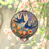 Swallow Birds Stained Glass Suncatcher, Round Window Panel with Bluebirds, Tulips and Wisteria, Nature Spring Home Decor Gift