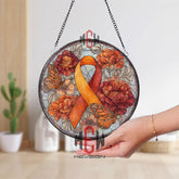 Orange Ribbon Stained Glass Suncatcher, Round Awareness Window Panel with Butterflies and Flowers, Support and Remembrance Gift