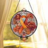 Orange Ribbon Stained Glass Suncatcher, Round Awareness Window Panel with Butterflies and Flowers, Support and Remembrance Gift