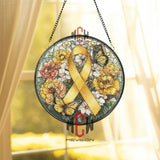 Yellow Ribbon Stained Glass Suncatcher, Round Awareness Window Panel with Butterflies and Flowers, Support and Remembrance Gift