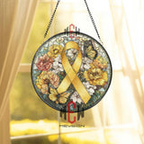 Yellow Ribbon Stained Glass Suncatcher, Round Awareness Window Panel with Butterflies and Flowers, Support and Remembrance Gift