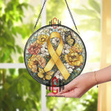 Yellow Ribbon Stained Glass Suncatcher, Round Awareness Window Panel with Butterflies and Flowers, Support and Remembrance Gift