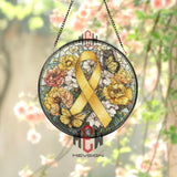 Yellow Ribbon Stained Glass Suncatcher, Round Awareness Window Panel with Butterflies and Flowers, Support and Remembrance Gift