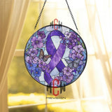 Purple Ribbon Stained Glass Suncatcher, Round Awareness Window Panel with Butterflies and Flowers, Support and Remembrance Gift
