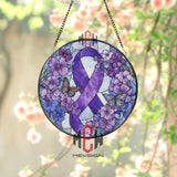 Purple Ribbon Stained Glass Suncatcher, Round Awareness Window Panel with Butterflies and Flowers, Support and Remembrance Gift