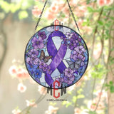 Purple Ribbon Stained Glass Suncatcher, Round Awareness Window Panel with Butterflies and Flowers, Support and Remembrance Gift