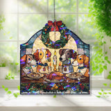 Christmas Dogs Acrylic Suncatcher, Stained Glass Style Holiday Window Panel with Wreath and Candlelit Dinner, Pet Lover Gift Decor