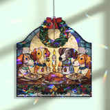 Christmas Dogs Acrylic Suncatcher, Stained Glass Style Holiday Window Panel with Wreath and Candlelit Dinner, Pet Lover Gift Decor