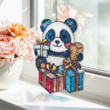 Christmas Panda Acrylic Suncatcher, Stained Glass Style Holiday Ornament with Gifts and Gingerbread Cookie, Cute Winter Window Decor