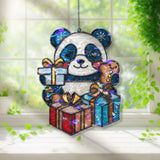 Christmas Panda Acrylic Suncatcher, Stained Glass Style Holiday Ornament with Gifts and Gingerbread Cookie, Cute Winter Window Decor