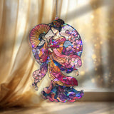 Geisha Acrylic Suncatcher, Stained Glass Style Japanese Woman with Fan and Cherry Blossoms, Elegant Asian Window Panel Home Decor Gift