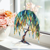 Willow Tree Acrylic Suncatcher, Stained Glass Style Nature Window Hanging with Green and Blue Leaves, Boho Forest Home Decor Gift