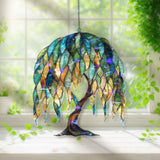 Willow Tree Acrylic Suncatcher, Stained Glass Style Nature Window Hanging with Green and Blue Leaves, Boho Forest Home Decor Gift