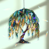 Willow Tree Acrylic Suncatcher, Stained Glass Style Nature Window Hanging with Green and Blue Leaves, Boho Forest Home Decor Gift