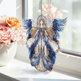 Angel Acrylic Suncatcher, Stained Glass Style Guardian Angel with Blue Wings and Flowing Gown, Spiritual Window Hanging Home Decor Gift