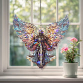 Archangel Warrior Acrylic Suncatcher, Stained Glass Style Angel with Sword and Scales, Spiritual Guardian Window Hanging Religious Decor