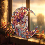 Moon Angel Acrylic Suncatcher, Stained Glass Style Angel with Red Wings and Crescent Moon, Spiritual Window Hanging Religious Home Decor